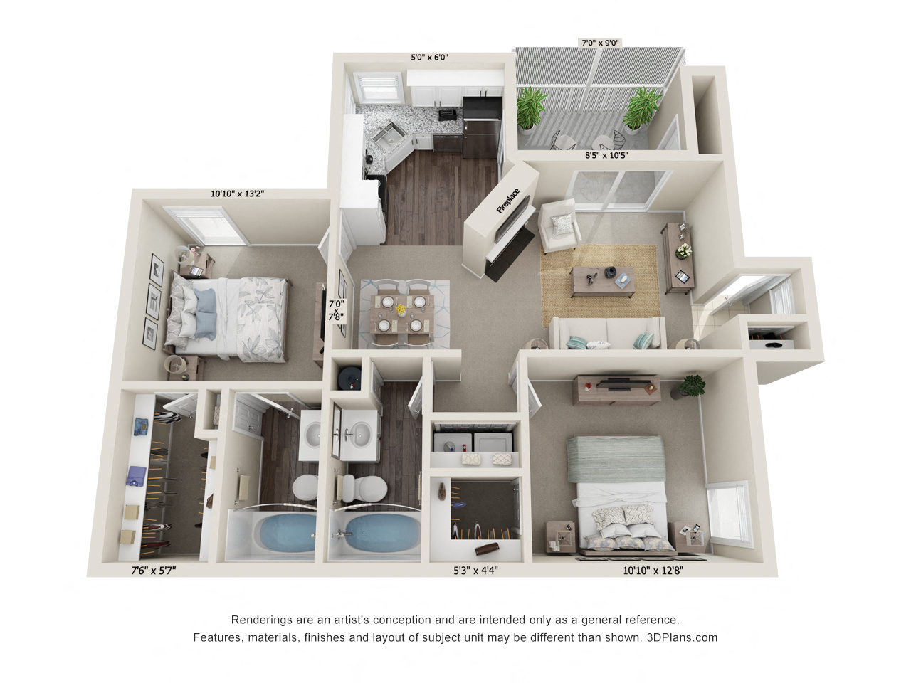 Floor plan for 2 beds, 2 baths, 1022 sqft